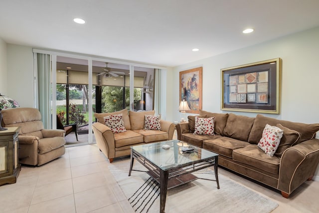 4801 Esedra Ct Unit 104, Lake Worth, FL 33467 - living room with a ceiling fan, recessed lighting, light tile patterned flooring, and expansive windows