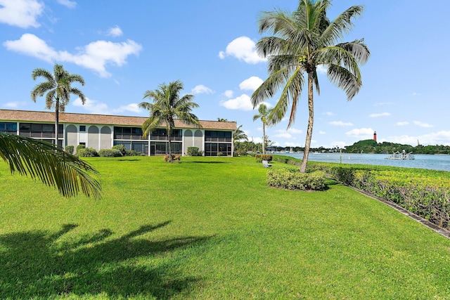 view of yard with a water view