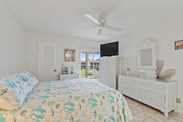 bedroom with a closet, access to exterior, baseboards, a ceiling fan, and light tile patterned floors