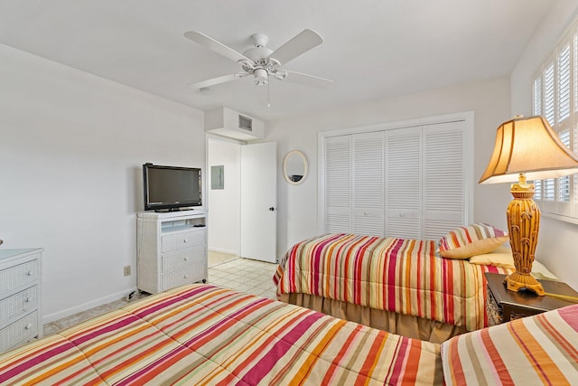 bedroom featuring ceiling fan, visible vents, baseboards, and a closet