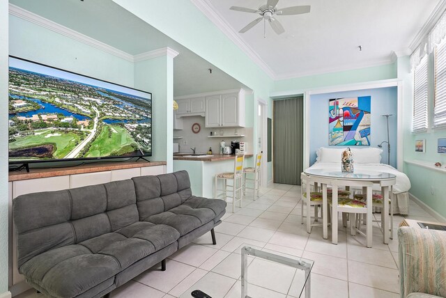 235 Sunrise Ave Unit 1051, Palm Beach, FL 33480 - living area featuring ornamental molding, ceiling fan, and light tile patterned floors