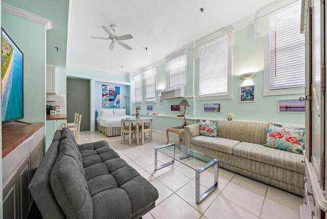 235 Sunrise Ave Unit 1051, Palm Beach, FL 33480 - living room featuring ornamental molding, ceiling fan, cooling unit, and light tile patterned flooring