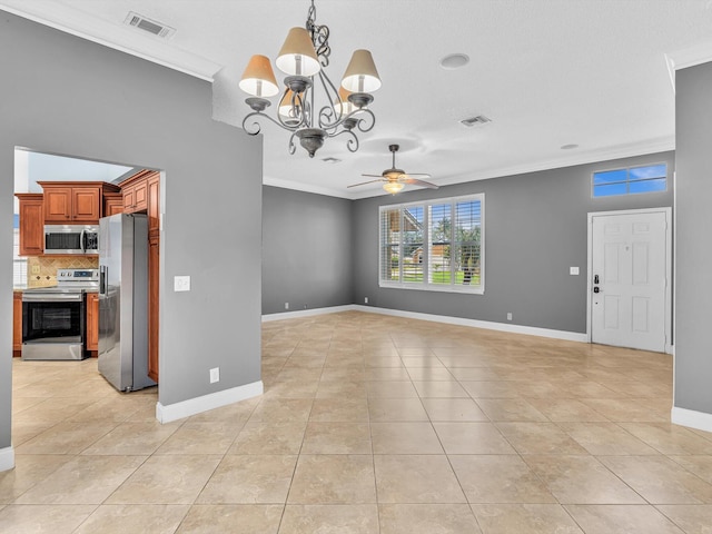 interior space featuring visible vents, light tile patterned floors, baseboards, ceiling fan with notable chandelier, and ornamental molding