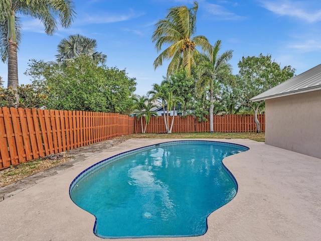 view of swimming pool with a fenced backyard, a fenced in pool, and a patio