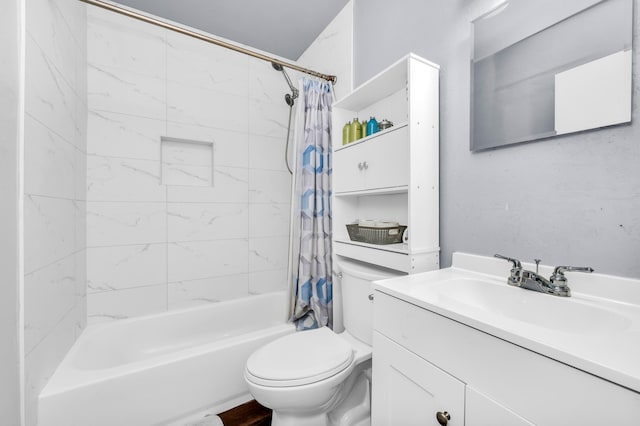 bathroom featuring toilet, shower / bath combination with curtain, and vanity