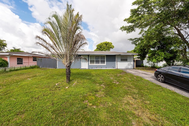 single story home with fence, a front yard, and stucco siding