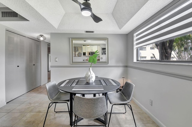 15108 Ashland Dr Unit 185, Delray Beach, FL 33484 - tiled dining room featuring a textured ceiling, visible vents, and ceiling fan