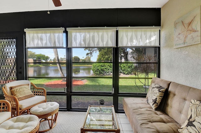 15108 Ashland Dr Unit 185, Delray Beach, FL 33484 - sunroom with a ceiling fan, a water view, and a wealth of natural light