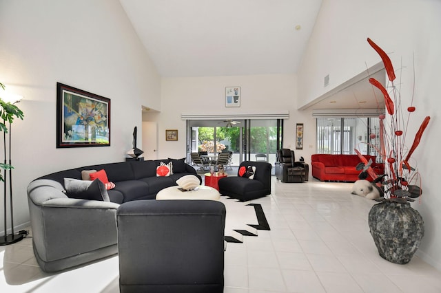 14 Windsor Ln, Boynton Beach, FL 33436 - tiled living area featuring high vaulted ceiling