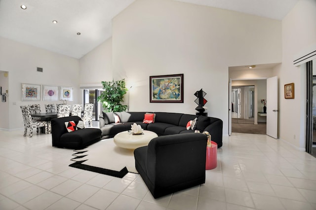 14 Windsor Ln, Boynton Beach, FL 33436 - living area featuring high vaulted ceiling, baseboards, recessed lighting, and light tile patterned flooring