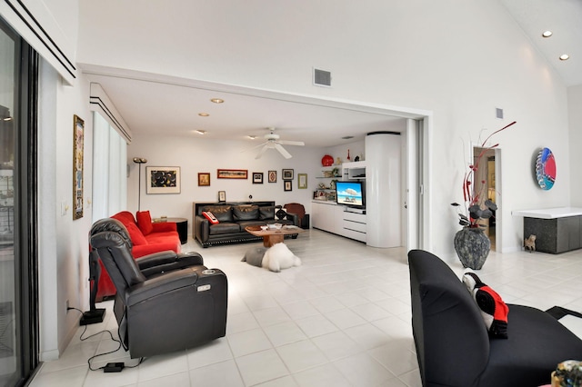 14 Windsor Ln, Boynton Beach, FL 33436 - living area featuring light tile patterned flooring, recessed lighting, and a ceiling fan