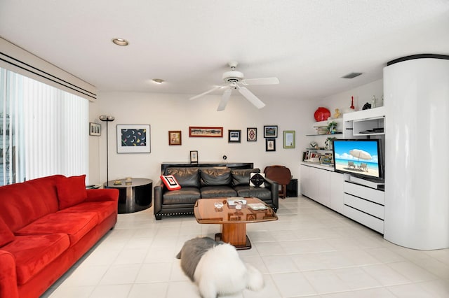 14 Windsor Ln, Boynton Beach, FL 33436 - living room with a ceiling fan, recessed lighting, and light tile patterned floors