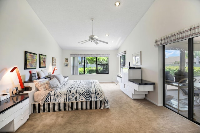 14 Windsor Ln, Boynton Beach, FL 33436 - carpeted bedroom featuring access to exterior, baseboards, recessed lighting, high vaulted ceiling, and ceiling fan