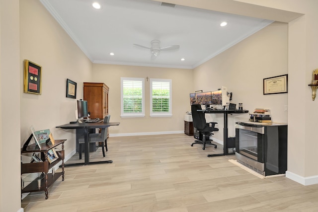 1055 Ember Ridge Run, Loxahatchee, FL 33470 - office featuring crown molding, light wood-style floors, ceiling fan, baseboards, and recessed lighting