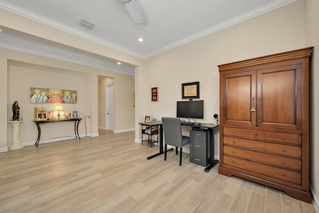 1055 Ember Ridge Run, Loxahatchee, FL 33470 - office space with light wood-style flooring, recessed lighting, baseboards, and ornamental molding