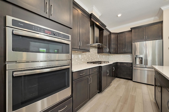 1055 Ember Ridge Run, Loxahatchee, FL 33470 - kitchen with appliances with stainless steel finishes, ornamental molding, light countertops, dark brown cabinets, and decorative backsplash