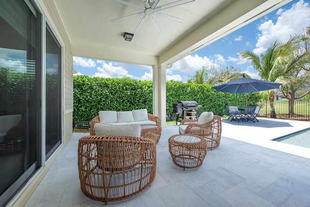 1055 Ember Ridge Run, Loxahatchee, FL 33470 - view of patio / terrace with ceiling fan, a grill, fence, an outdoor hangout area, and outdoor dining space