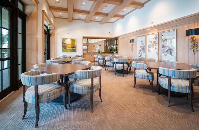 1055 Ember Ridge Run, Loxahatchee, FL 33470 - dining space featuring a towering ceiling, beam ceiling, coffered ceiling, carpet, and recessed lighting