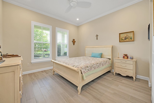 1055 Ember Ridge Run, Loxahatchee, FL 33470 - bedroom with baseboards, crown molding, light wood-type flooring, recessed lighting, and ceiling fan