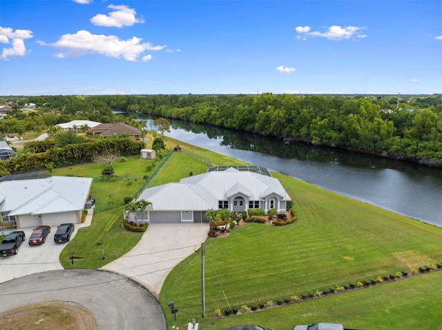 bird's eye view with a water view
