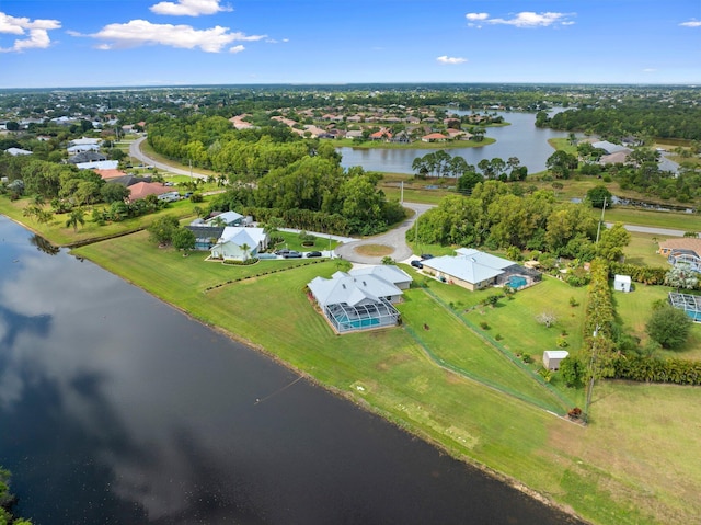 aerial view with a water view and a residential view