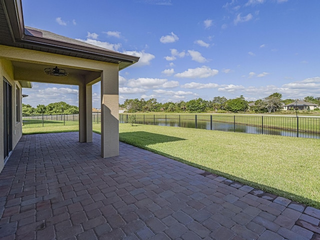 view of patio featuring a water view and a fenced backyard