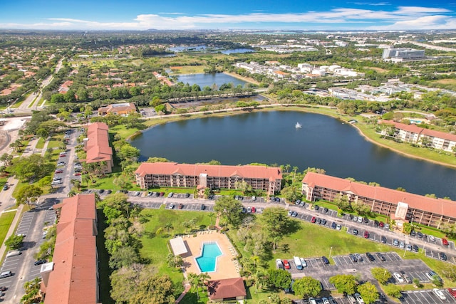 drone / aerial view featuring a water view