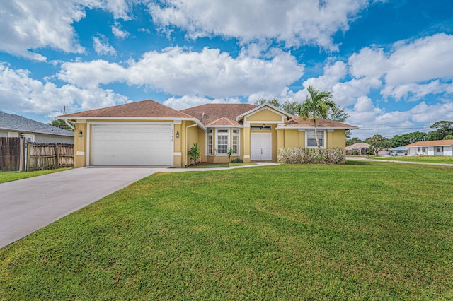ranch-style home featuring stucco siding, fence, a garage, a front yard, and concrete driveway