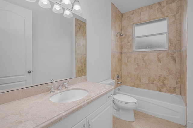 bathroom with tile patterned floors, washtub / shower combination, toilet, and vanity