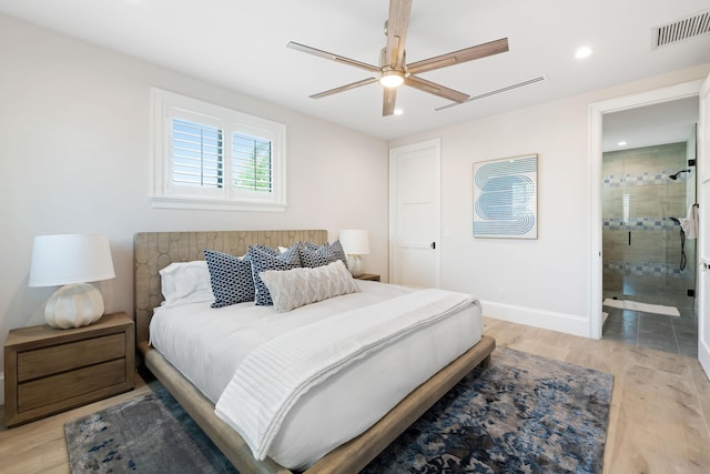 bedroom with baseboards, visible vents, light wood-type flooring, and recessed lighting