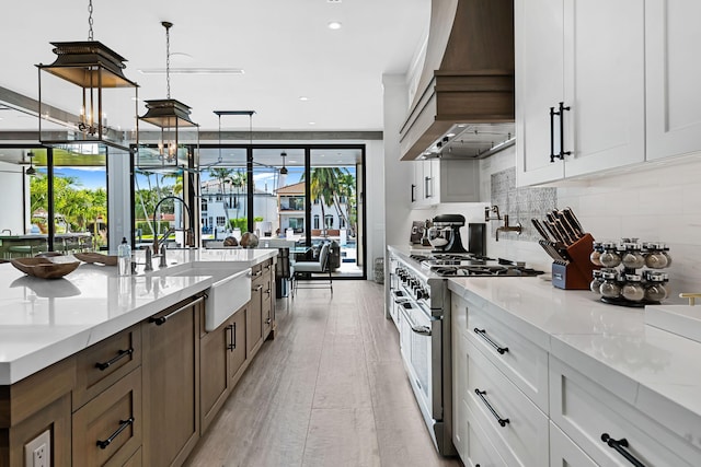 kitchen featuring double oven range, decorative backsplash, custom range hood, a sink, and a wealth of natural light