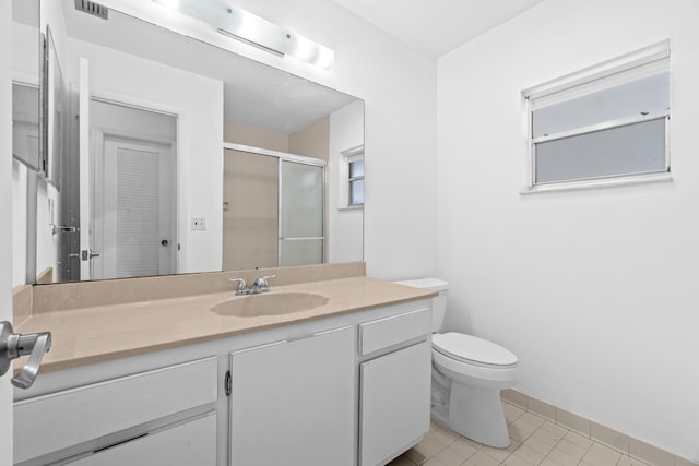 13648 Coconut Palm Ct Unit B, Delray Beach, FL 33484 - full bath with toilet, a stall shower, tile patterned flooring, and vanity