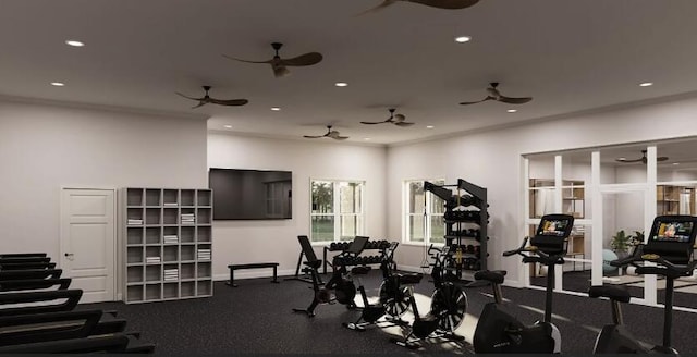 13648 Coconut Palm Ct Unit B, Delray Beach, FL 33484 - gym with baseboards, recessed lighting, a ceiling fan, and crown molding