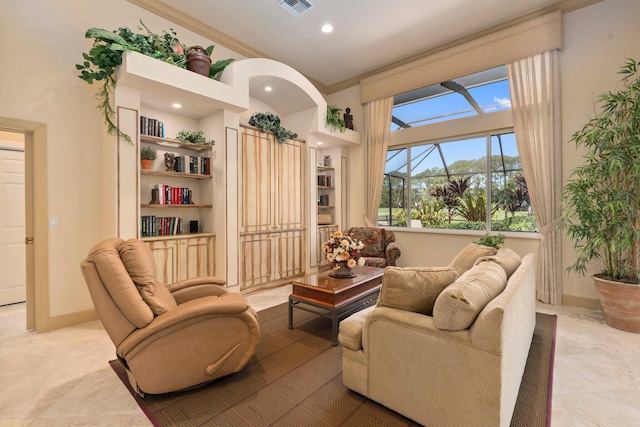 living area featuring baseboards, ornamental molding, recessed lighting, and visible vents