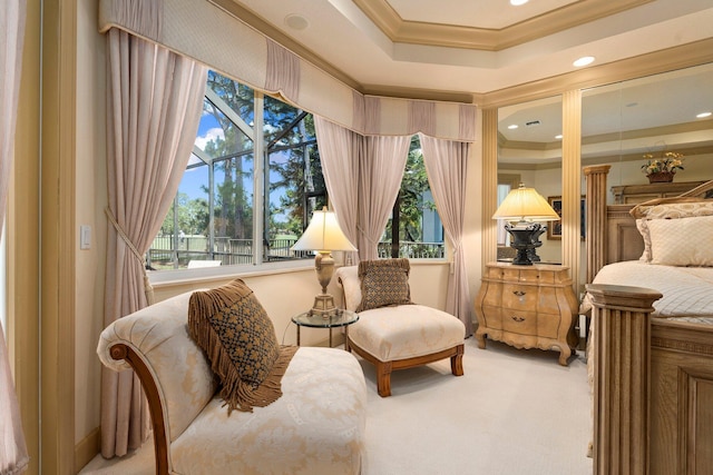 living area featuring ornamental molding, carpet, a tray ceiling, and recessed lighting