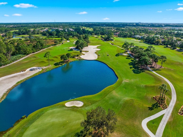 bird's eye view with a water view and view of golf course