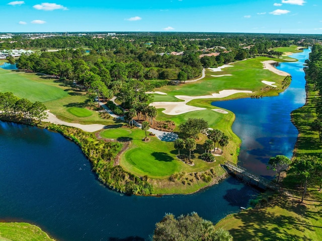 aerial view featuring a water view and golf course view