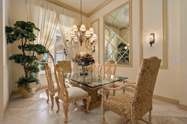 dining room with an inviting chandelier, baseboards, and crown molding