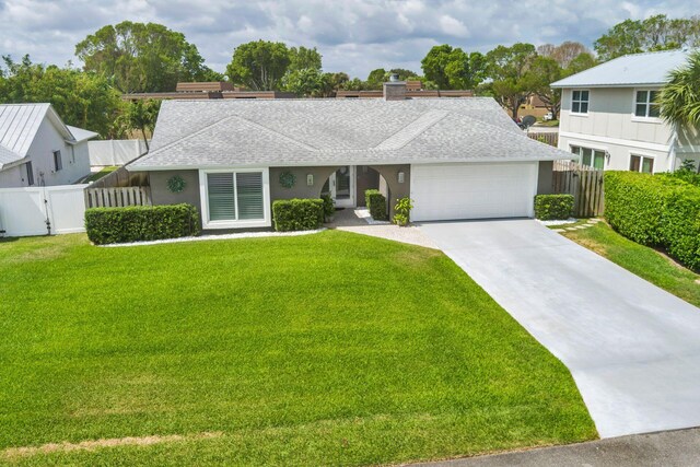1155 Rainwood Cir, Palm Beach Gardens, FL 33410 - ranch-style home with fence, a shingled roof, a garage, a front yard, and a gate