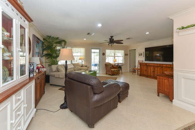 living area featuring visible vents, recessed lighting, light tile patterned floors, and a ceiling fan