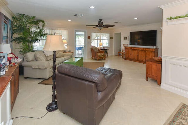 living room with light tile patterned floors, ceiling fan, and recessed lighting