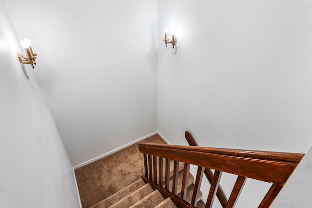 stairs featuring baseboards and carpet