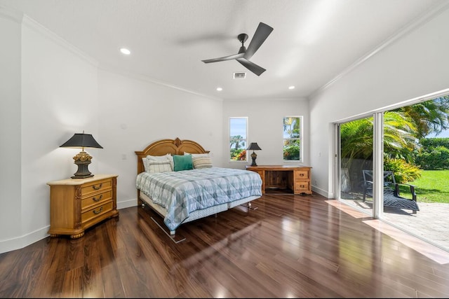 3950 Fieldview Way, Wellington, FL 33414 - bedroom featuring visible vents, dark wood-style floors, ornamental molding, and access to outside