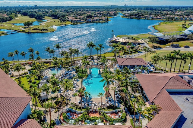 bird's eye view with a water view and a residential view