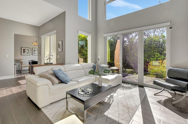 2530 NW 52nd St, Boca Raton, FL 33496 - living room with a towering ceiling, wood finished floors, and baseboards