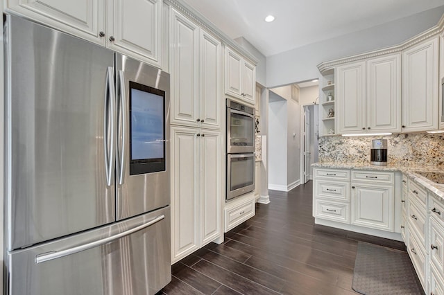 2530 NW 52nd St, Boca Raton, FL 33496 - kitchen featuring stainless steel appliances, open shelves, dark wood-style flooring, light stone counters, and backsplash