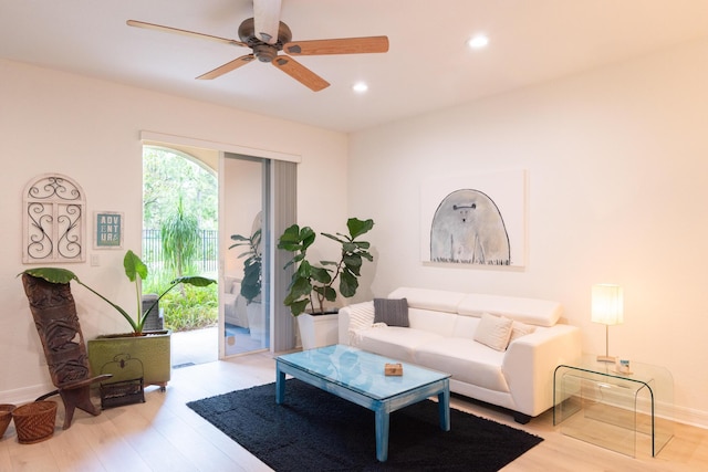 4891 Bonsai Cir Unit 105, Palm Beach Gardens, FL 33418 - living room featuring a ceiling fan, baseboards, recessed lighting, and wood finished floors