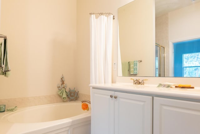 4891 Bonsai Cir Unit 105, Palm Beach Gardens, FL 33418 - bathroom with vanity, a shower with shower door, and a bath