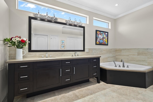 8881 Livingston Way, Boynton Beach, FL 33472 - bathroom with crown molding, a sink, double vanity, and tile walls