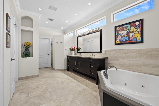 8881 Livingston Way, Boynton Beach, FL 33472 - full bath with vanity, ornamental molding, visible vents, baseboards, and a jetted tub